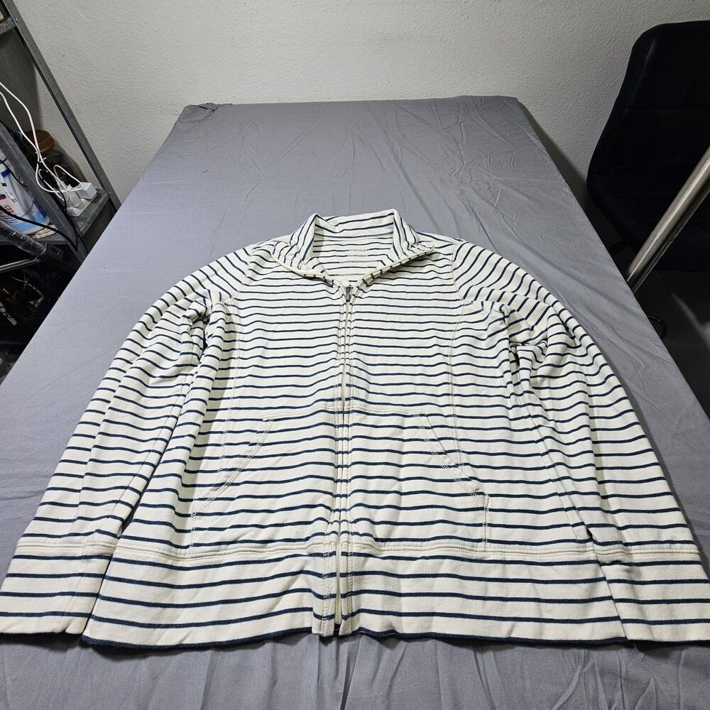 L.L. Bean Sweater Women's M Regular Blue Striped Full Zip Pocket Ladies Cotton